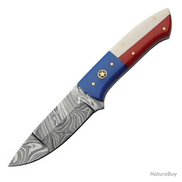 Couteau de Chasse Damas Lame Acier Manche R�sine Tricolore Etui Cuir DM1282