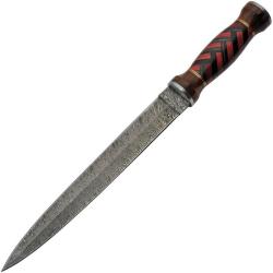 Couteau de Chasse Damas Lame Acier Manche Bois Rouge et Noir Etui Cuir DM1271