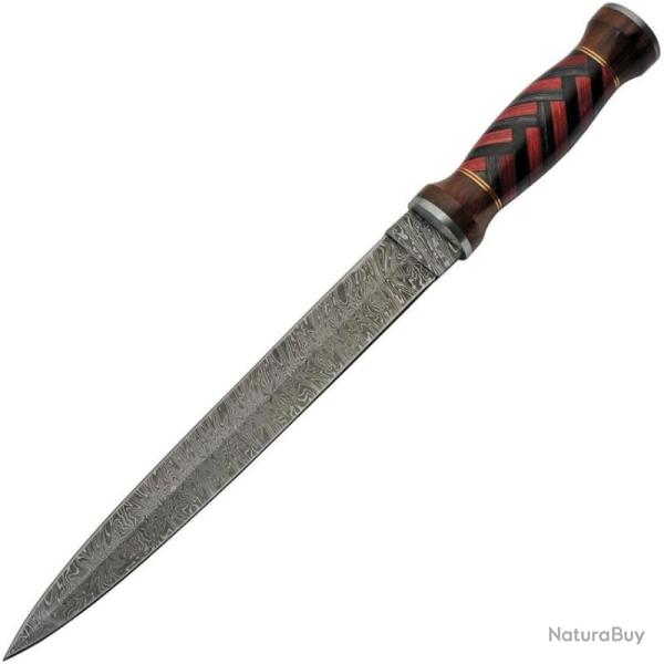 Couteau de Chasse Damas Lame Acier Manche Bois Rouge et Noir Etui Cuir DM1271