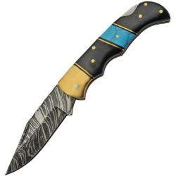 Couteau Pliant Damas Lame Acier Clip Point Manche Corne et Turquoise Lockback DM1215
