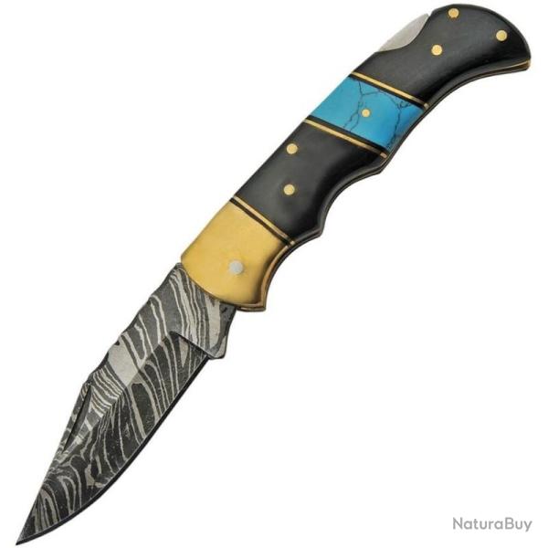 Couteau Pliant Damas Lame Acier Clip Point Manche Corne et Turquoise Lockback DM1215