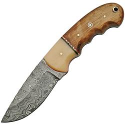 Couteau de Chasse Damas Lame Acier Manche Os et Noyer Etui Cuir DM1144