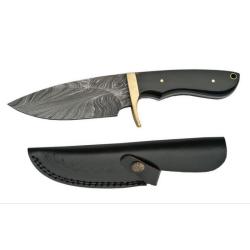Couteau de Chasse Hunter Lame Acier Damas Manche Corne Noire Etui Cuir DM1089HN