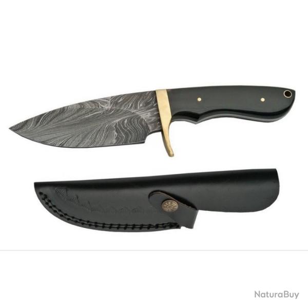 Couteau de Chasse Hunter Lame Acier Damas Manche Corne Noire Etui Cuir DM1089HN