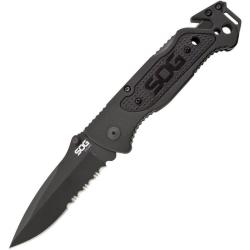 Couteau SOG Escape Lame Acier 9Cr18MoV Dent&eacute;e Manche Aluminium Noir Brise-Vitre SOGFF25CP
