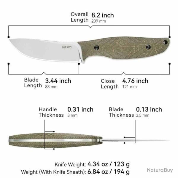 Couteau Fixe SRM Fossa Lame Acier 14C28N Manche Micarta Vert �tui PVC SRM605TMP