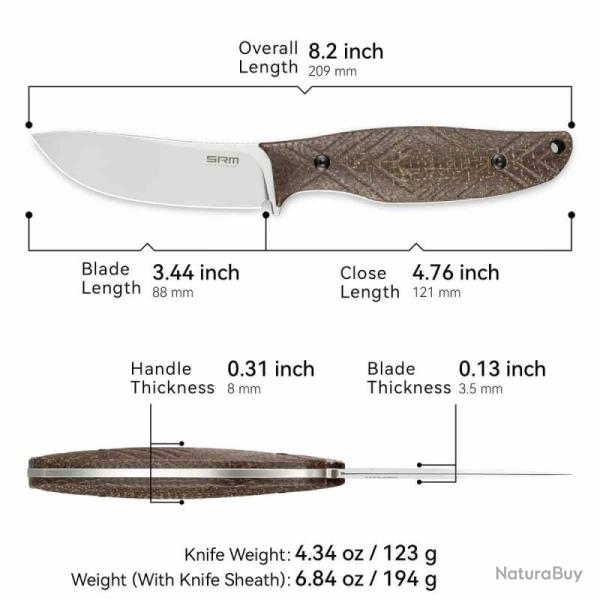 Couteau Fixe SRM Fossa Lame Acier 14C28N Manche Micarta Tan �tui PVC SRM605TMW