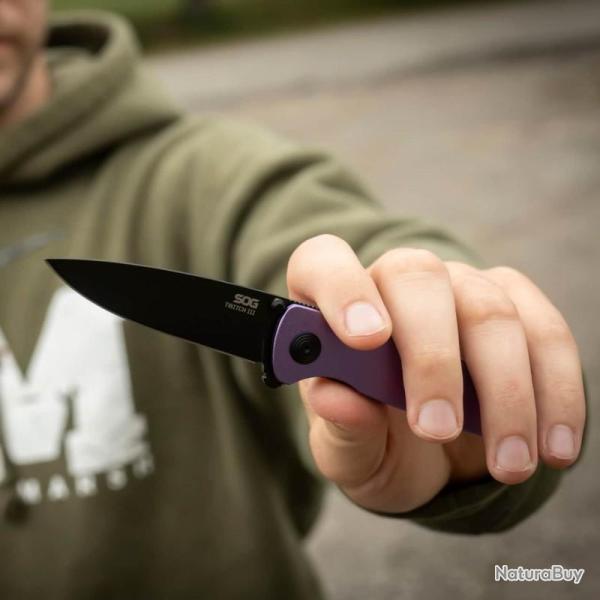 Couteau SOG Twitch III A/O Lame Acier 154CM Manche Aluminium Violet Linerlock SOG11150643