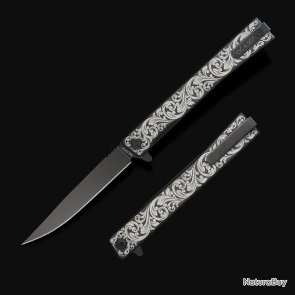 Couteau Ocaso Solstice Lame Acier CPM S35VN Noir Manche Titanium Noir Grav� Linerlock OCA10ESB