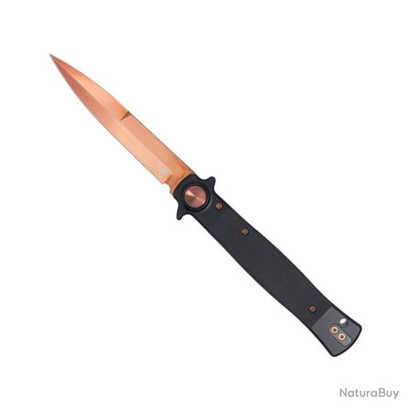Couteau Cobratec Stiletto Lame Acier VG-10 Rose Manche G10 Noir Button Lock CBTSTBLBKRG