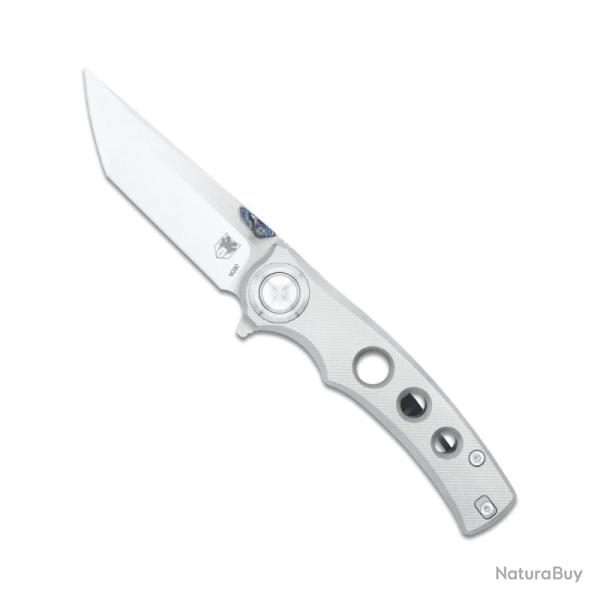 Couteau Cobratec Maverick Tanto Lame Acier M390 Manche Titanium Gris Button Lock CBTMVKTNS