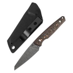 Couteau Fixe Kansept Parr Lame Acier Damas Manche Fibre de Carbone Cuivre Etui Kydex G011A5