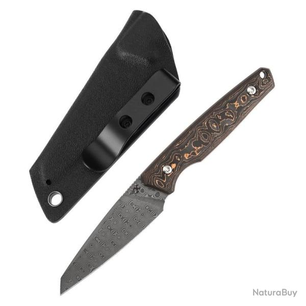 Couteau Fixe Kansept Parr Lame Acier Damas Manche Fibre de Carbone Cuivre Etui Kydex G011A5