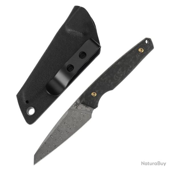 Couteau Kansept Parr Lame Acier Damas Manche Fibre de Carbone Shred Etui Kydex G011A4
