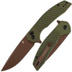 Couteau Kansept Accipiter Lame Acier 14C28N Or Rose Manche Aluminium Vert Button Lock T1007F5