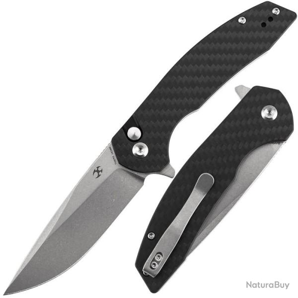 Couteau Kansept Accipiter Lame Acier 14C28N Manche Carbone Twill G10 Button Lock T1007F2