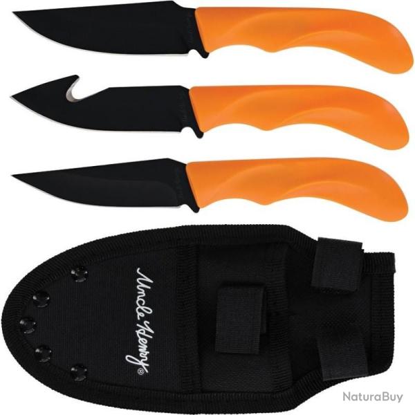Set Schrade Uncle Henry 3 Couteaux Chasse Manche Polym�re Orange Etui Nylon SCHP1200434