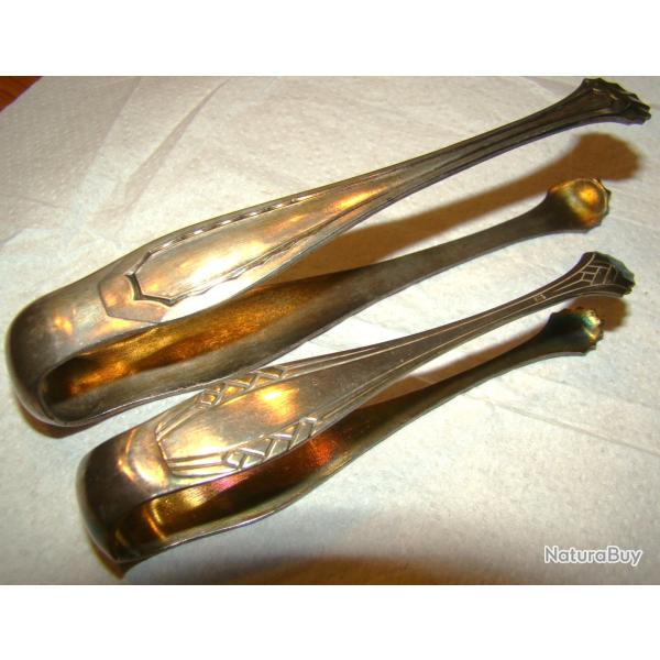 2 SPLENDIDES PINCES A SUCRE ANCIENNES UNE PETITE, UNE GRANDE - PLAQUE ARGENT AVEC 2 POINCONS CHACUNE