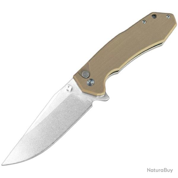 Couteau ElitEdge Lame Acier D2 Manche G10 Sable Button Lock EE10B022DT