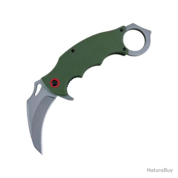 Couteau ElitEdge Karambit Lame Acier 8Cr13MoV Manche G10 Vert OD Linerlock EE10B020G10