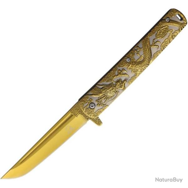 Couteau Falcon Dragon Linerlock A/O Lame Tanto Acier 440 Manche Inox Or et Argent FLNKS3024GD
