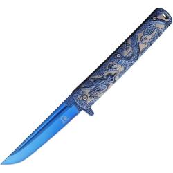 Couteau Falcon Dragon Linerlock A/O Lame Tanto Acier 440 Manche Inox Bleu et Gris FLNKS3024BL