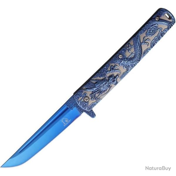 Couteau Falcon Dragon Linerlock A/O Lame Tanto Acier 440 Manche Inox Bleu et Gris FLNKS3024BL