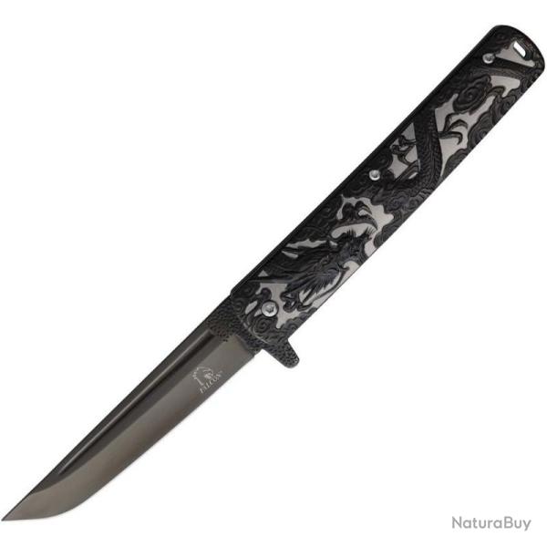 Couteau Falcon Dragon Linerlock A/O Lame Tanto Acier 440 Manche Inox Noir et Gris FLNKS3024BK