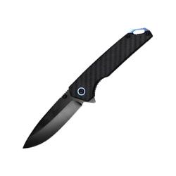 Couteau ElitEdge Lame Acier 8Cr13MoV Manche Fibre de Carbone, accents bleus Linerlock EE10B017BK