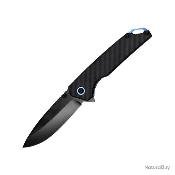 Couteau ElitEdge Lame Acier 8Cr13MoV Manche Fibre de Carbone, accents bleus Linerlock EE10B017BK