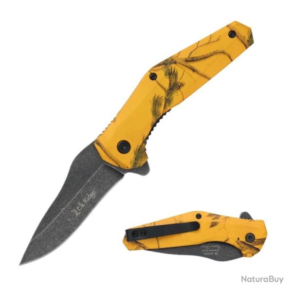 Couteau de Poche Elk Ridge Linerlock A/O Camouflage Lame Acier 3Cr13 Manche Jaune ERA2008YL