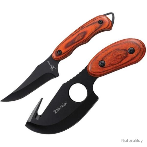 Couteau Elk Ridge Kit Chasse 2 Pi�ces Marron Lame Acier 3Cr13MoV Manche Bois Marron Etui ER300BN