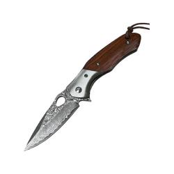 Couteau ElitEdge Lame Acier Damas Manche Bois Marron Linerlock Etui Cuir EE10B009WD