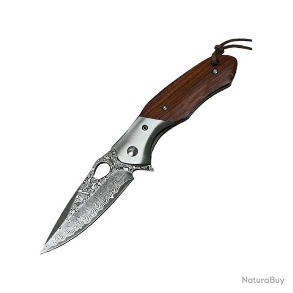 Couteau ElitEdge Lame Acier Damas Manche Bois Marron Linerlock Etui Cuir EE10B009WD