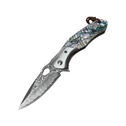 Couteau ElitEdge Lame Acier Damas Manche Nacre d'Ormeau Linerlock Etui Cuir EE10B009AB