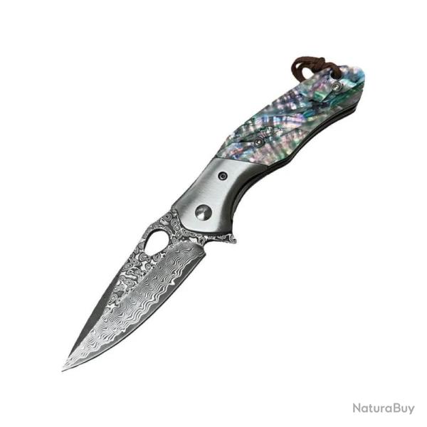 Couteau ElitEdge Lame Acier Damas Manche Nacre d'Ormeau Linerlock Etui Cuir EE10B009AB