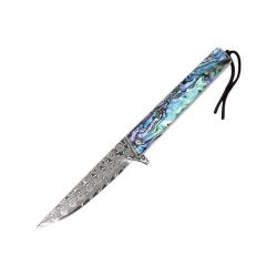 Couteau ElitEdge Lame Acier Damas Manche Nacre d'Ormeau Linerlock Etui Cuir EE10B006AB