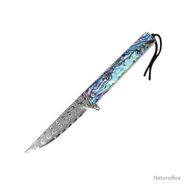 Couteau ElitEdge Lame Acier Damas Manche Nacre d'Ormeau Linerlock Etui Cuir EE10B006AB