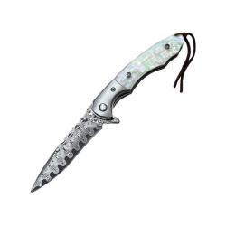 Couteau ElitEdge Lame Acier Damas Manche Nacre Linerlock Etui Cuir EE10B005WP