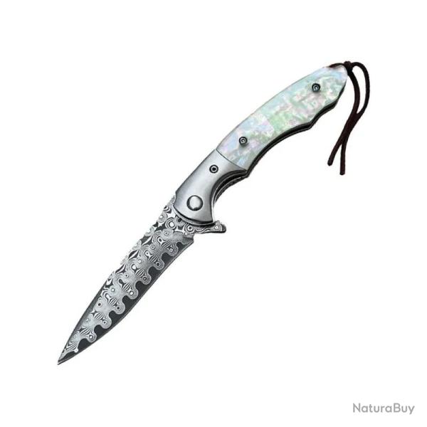 Couteau ElitEdge Lame Acier Damas Manche Nacre Linerlock Etui Cuir EE10B005WP