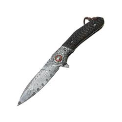 Couteau ElitEdge Lame Acier Damas Manche Bois Sculpt&eacute; Marron Linerlock Etui Cuir EE10B004WD
