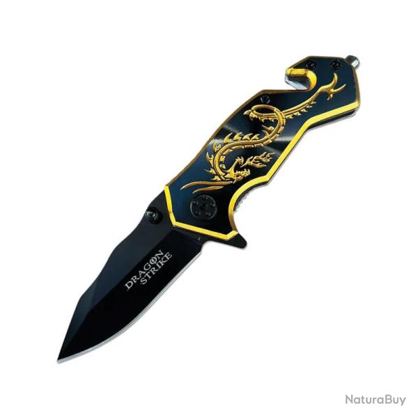 Couteau ElitEdge Dragon Rescue A/O Lame Inox Manche Aluminium Noir/Or Linerlock EE10A68BG