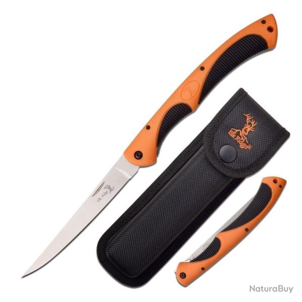 Couteau Elk Ridge Fillet Pliant Lame Acier 3Cr13 Manche Caoutchout� Orange et Noir Linerlock ER935F