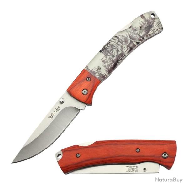 Couteau Pliant Elk Ridge Loup Lame Acier 3Cr13 Manche Acrylique et Bois Loup Lockback ER2012WF