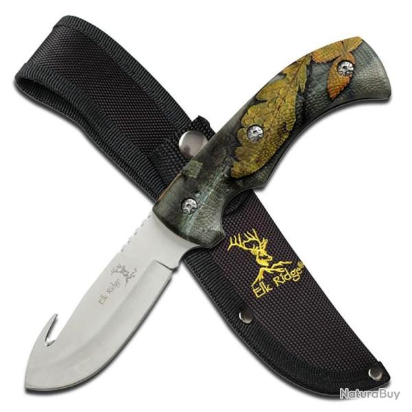 Couteau Elk Ridge Guthook Lame Acier 3Cr13 Manche Aluminium Camouflage Etui Nylon ER274FC
