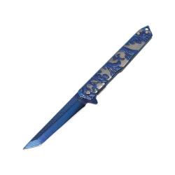 Couteau ElitEdge Dragon A/O Lame Acier Inoxydable Manche Inox Sculpt&eacute; Bleu/Argent Linerlock