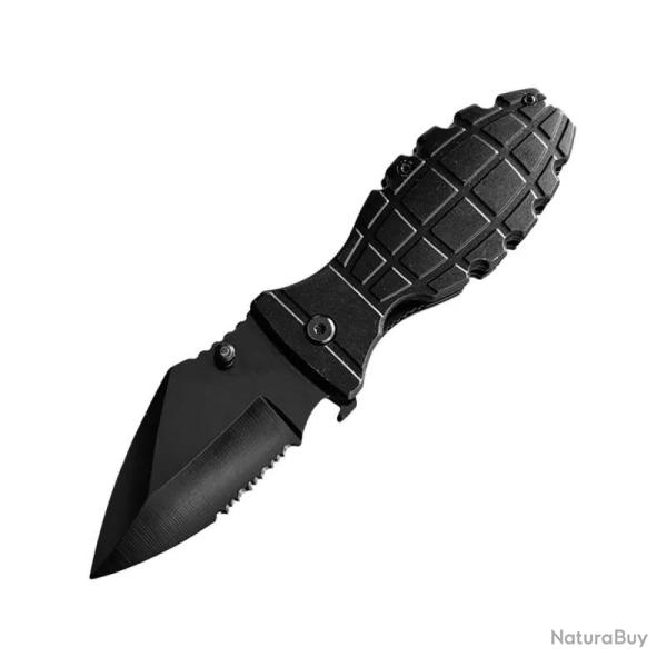 Couteau ElitEdge Grenade A/O Lame Acier Inoxydable Manche Aluminium Motif Grenade Noir Linerlock
