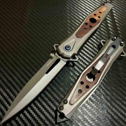 Couteau ElitEdge A/O Lame Acier Inoxydable Manche Inox Gris, Insert Bois Marron Linerlock EE10A123WD