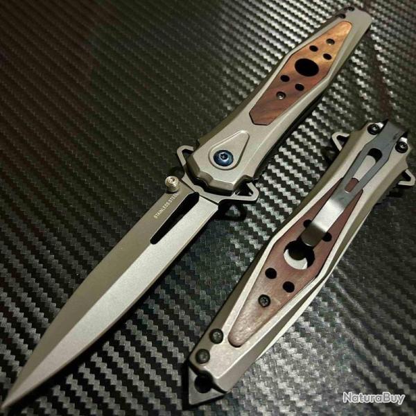 Couteau ElitEdge A/O Lame Acier Inoxydable Manche Inox Gris, Insert Bois Marron Linerlock EE10A123WD