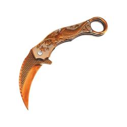 Couteau ElitEdge Mermaid Karambit A/O Lame Acier 440C Manche Inox Sculpt&eacute; Or Rose Linerlock